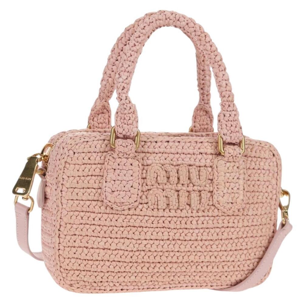 Miu Miu Arkady Hand Bag Raffia 2way Pink Gold 5BB123 Auth 134338AM